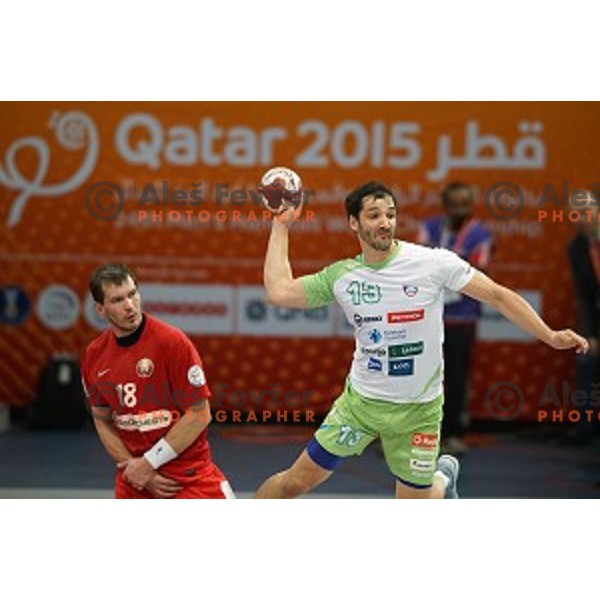 David Spiler in action at Preliminary Group A match Slovenia-Belarus at Qatar 2015 World Handball championships in Lusail Sport Arena, Doha on January 17, 2015