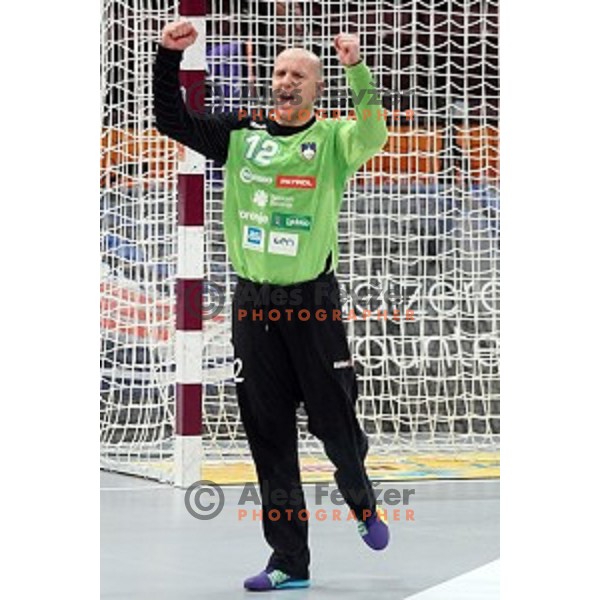 Gorazd Skof of Slovenia in action at Preliminary Group A match Slovenia-Belarus at Qatar 2015 World Handball championships in Lusail Sport Arena, Doha on January 17, 2015