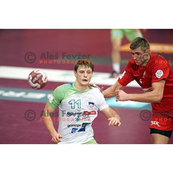 Jure Dolenec of Slovenia in action at Preliminary Group A match Slovenia-Belarus at Qatar 2015 World Handball championships in Lusail Sport Arena, Doha on January 17, 2015