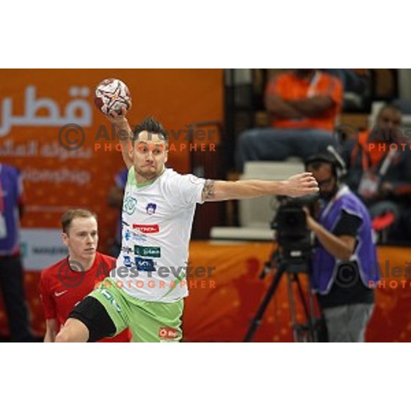 Luka Zvizej of Slovenia in action at Preliminary Group A match Slovenia-Belarus at Qatar 2015 World Handball championships in Lusail Sport Arena, Doha on January 17, 2015