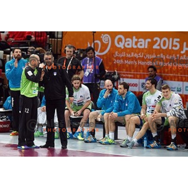 Gorazd Skof, Boris Denic in action at Preliminary Group A match Slovenia-Belarus at Qatar 2015 World Handball championships in Lusail Sport Arena, Doha on January 17, 2015