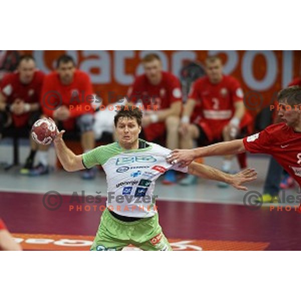 action at Preliminary Group A match Slovenia-Belarus at Qatar 2015 World Handball championships in Lusail Sport Arena, Doha on January 17, 2015