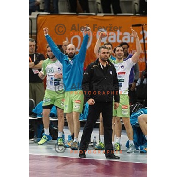 Vid Kavticnik,Boris Denic, David Spiler of Slovenia in action at Preliminary Group A match Slovenia-Belarus at Qatar 2015 World Handball championships in Lusail Sport Arena, Doha on January 17, 2015