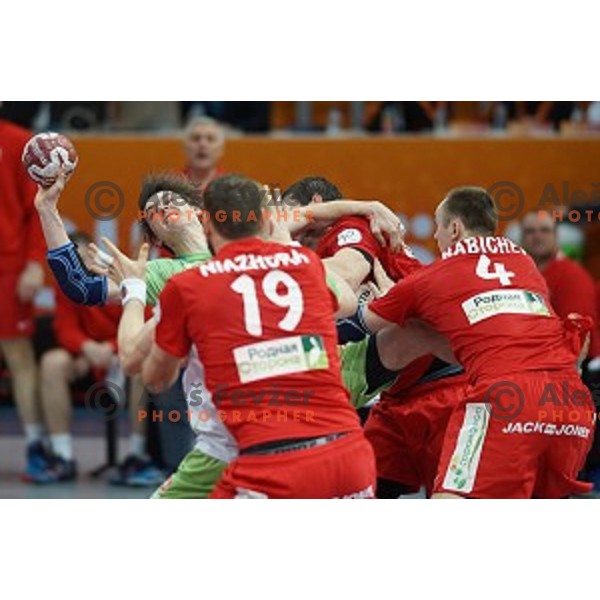 Sebastjan Skube of Slovenia in action at Preliminary Group A match Slovenia-Belarus at Qatar 2015 World Handball championships in Lusail Sport Arena, Doha on January 17, 2015