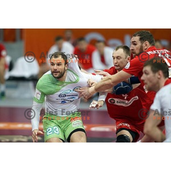 Uros Zorman of Slovenia in action at Preliminary Group A match Slovenia-Belarus at Qatar 2015 World Handball championships in Lusail Sport Arena, Doha on January 17, 2015