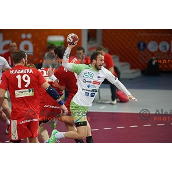 Uros Zorman of Slovenia in action at Preliminary Group A match Slovenia-Belarus at Qatar 2015 World Handball championships in Lusail Sport Arena, Doha on January 17, 2015