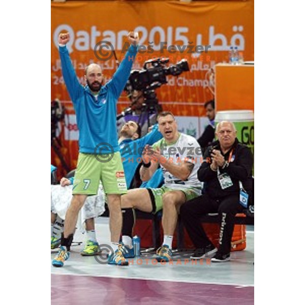 Vid Kavticnik of Slovenia in action at Preliminary Group A match Slovenia-Belarus at Qatar 2015 World Handball championships in Lusail Sport Arena, Doha on January 17, 2015