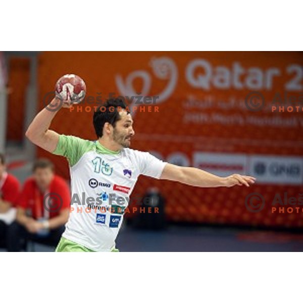 David Spiler of Slovenia in action at Preliminary Group A match Slovenia-Belarus at Qatar 2015 World Handball championships in Lusail Sport Arena, Doha on January 17, 2015