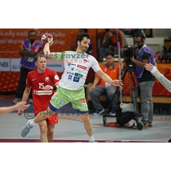 David Spiler in action at Preliminary Group A match Slovenia-Belarus at Qatar 2015 World Handball championships in Lusail Sport Arena, Doha on January 17, 2015