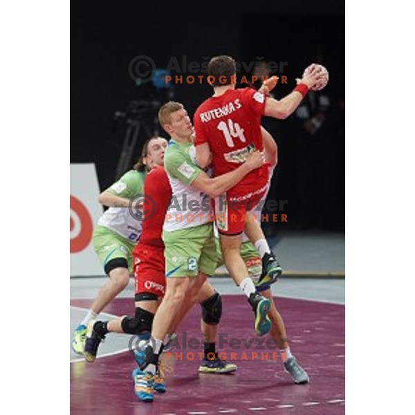 Blaz Blagotinsek in action at Preliminary Group A match Slovenia-Belarus at Qatar 2015 World Handball championships in Lusail Sport Arena, Doha on January 17, 2015