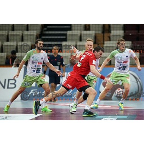 Sergey Rutenka of Belarus in action at Preliminary Group A match Slovenia-Belarus at Qatar 2015 World Handball championships in Lusail Sport Arena, Doha on January 17, 2015