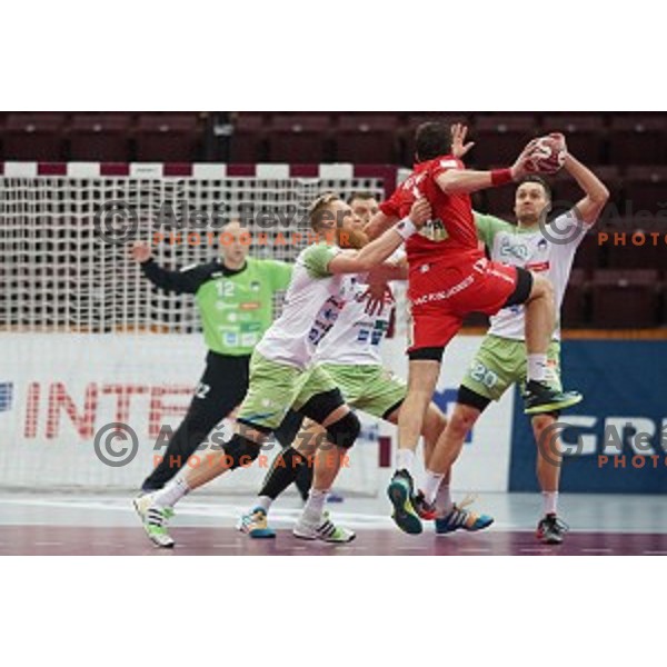 Sergey Rutenka of Belarus in action at Preliminary Group A match Slovenia-Belarus at Qatar 2015 World Handball championships in Lusail Sport Arena, Doha on January 17, 2015