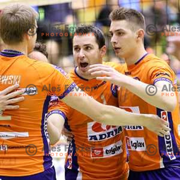 Andrej Flajs and Mario Koncilja of ACH Volley celebrating during volleyball game between Salonit Anhovo and ACH Volley, final match of Slovenia Volleyball Cup 2015, 17.1.2015 in OŠ Šempeter, Šempeter