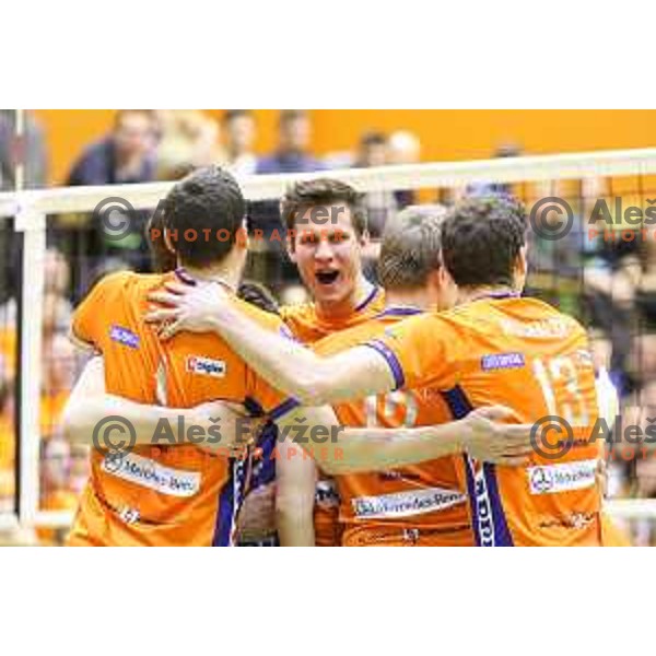 Andrej Flajs, Jan Kozamernik, Michal Kozlowski and Eric Mochalski of ACH Volley celebrating during volleyball game between Salonit Anhovo and ACH Volley, final match of Slovenia Volleyball Cup 2015, 17.1.2015 in OŠ Šempeter, Šempeter