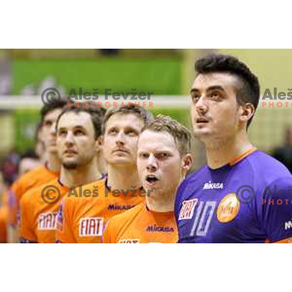 Michal Kozlowski, Matija Jereb and Jurić Stipe of ACH Volley during volleyball game between Salonit Anhovo and ACH Volley, final match of Slovenia Volleyball Cup 2015, 17.1.2015 in OŠ Šempeter, Šempeter