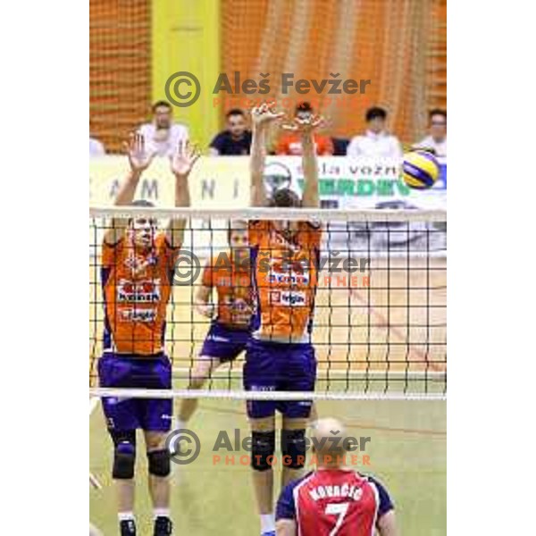 Eric Mochalski and Mario Koncilja of ACH Volley during volleyball game between Salonit Anhovo and ACH Volley, final match of Slovenia Volleyball Cup 2015, 17.1.2015 in OŠ Šempeter, Šempeter