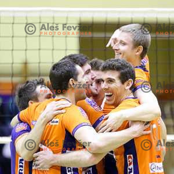 Andrej Flajs, Michal Kozlowski, Eric Mochalski and Nathan Roberts of ACH Volley celebrating during volleyball game between Salonit Anhovo and ACH Volley, final match of Slovenia Volleyball Cup 2015, 17.1.2015 in OŠ Šempeter, Šempeter