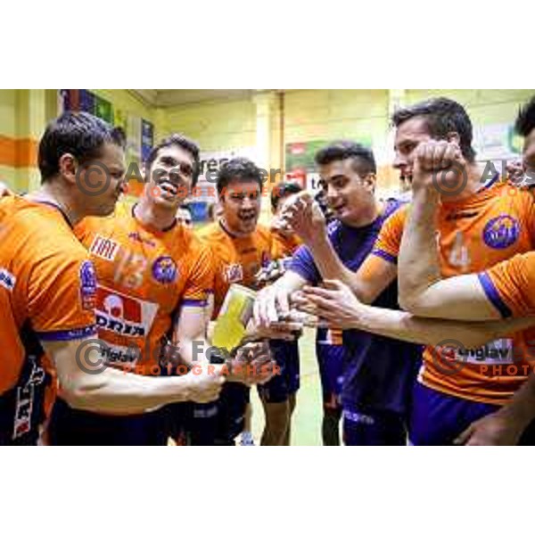 Andrej Flajs, Eric Mochalski, Nathan Roberts, Stipe Jurić and Jan Kozamernik of ACH Volley celebrating victory during volleyball game between Salonit Anhovo and ACH Volley, final match of Slovenia Volleyball Cup 2015, 17.1.2015 in OŠ Šempeter, Šempeter