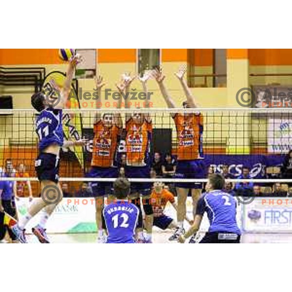 Dejan Čabarkapa of Salonit Anhovo, Michal Kozlowski, Mario Koncilja and Jan Klobučar of ACH Volley during volleyball game between ACH Volley and Salonit Anhovo, final match of Slovenia Volleyball Cup 2015, 17.1.2015 in OŠ Šempeter, Šempeter