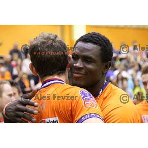 Eric Mochalski and Sem Dolegombai of ACH Volley celebrating during volleyball game between Salonit Anhovo and ACH Volley, final match of Slovenia Volleyball Cup 2015, 17.1.2015 in OŠ Šempeter, Šempeter