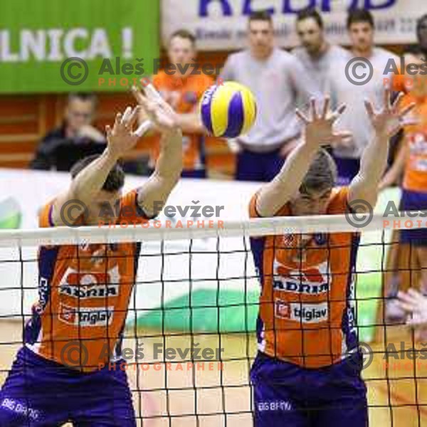 Jan Kozamernik and Jan Klobučar of ACH Volley during volleyball game between Salonit Anhovo and ACH Volley, final match of Slovenia Volleyball Cup 2015, 17.1.2015 in OŠ Šempeter, Šempeter