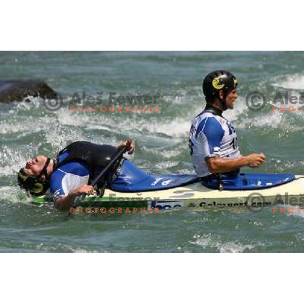 Jarc (left)and Visnar after finishing 10th in Final of ICF slalom World Cup race in Tacen, Slovenia on July 8th 2007. Photo by Ales Fevzer 