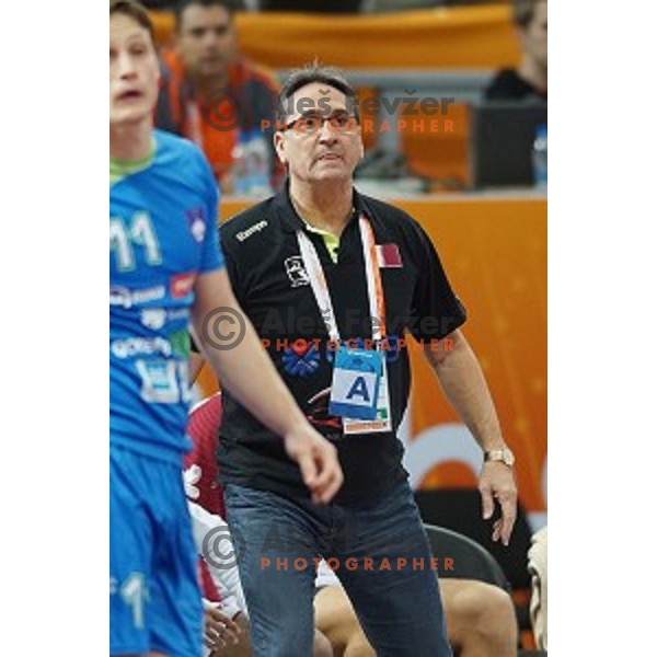 action at Preliminary Group A match Slovenia-Qatar at Qatar 2015 World Handball championships in Lusail Sport Arena, Doha on January 19, 2015