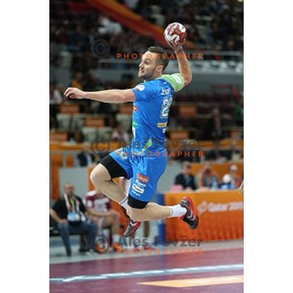 Luka Zvizej of Slovenia in action at Preliminary Group A match Slovenia-Qatar at Qatar 2015 World Handball championships in Lusail Sport Arena, Doha on January 19, 2015