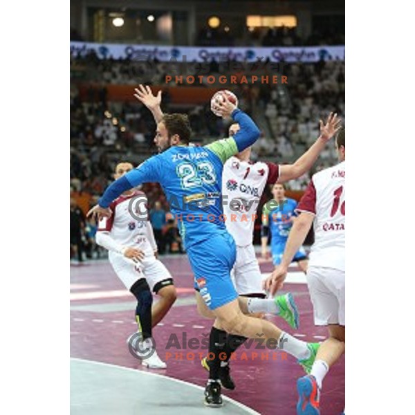 Uros Zorman of Slovenia in action at Preliminary Group A match Slovenia-Qatar at Qatar 2015 World Handball championships in Lusail Sport Arena, Doha on January 19, 2015