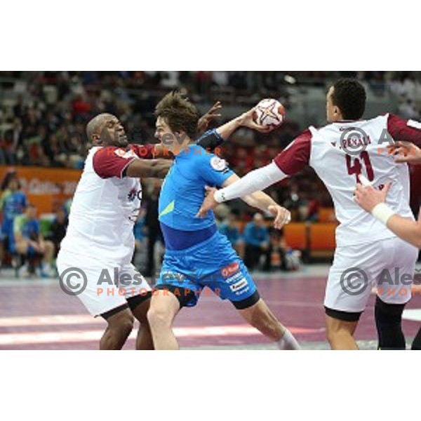 Sebastjan Skube of Slovenia in action at Preliminary Group A match Slovenia-Qatar at Qatar 2015 World Handball championships in Lusail Sport Arena, Doha on January 19, 2015