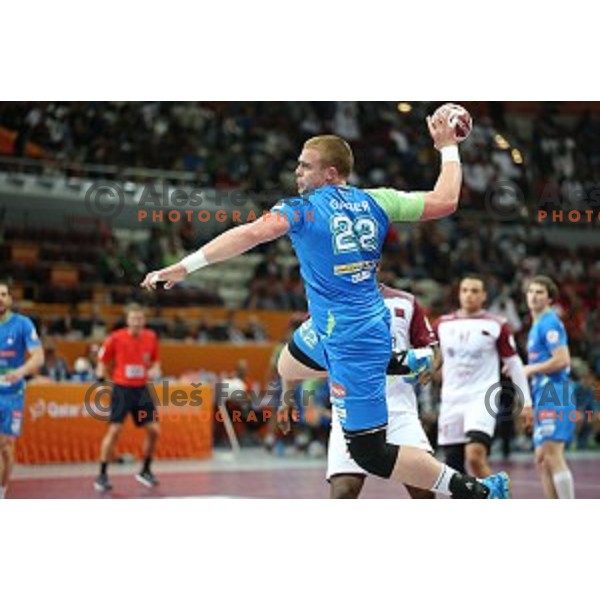 action at Preliminary Group A match Slovenia-Qatar at Qatar 2015 World Handball championships in Lusail Sport Arena, Doha on January 19, 2015