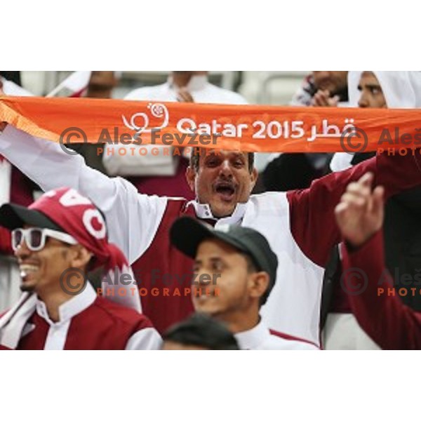 Fans of Qatar in action at Preliminary Group A match Slovenia-Qatar at Qatar 2015 World Handball championships in Lusail Sport Arena, Doha on January 19, 2015