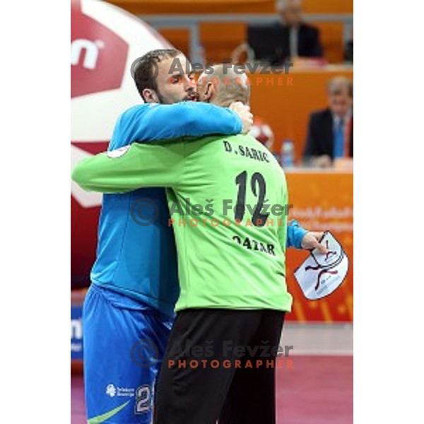 Uros Zorman of Slovenia in action at Preliminary Group A match Slovenia-Qatar at Qatar 2015 World Handball championships in Lusail Sport Arena, Doha on January 19, 2015