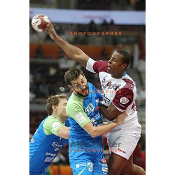 action at Preliminary Group A match Slovenia-Qatar at Qatar 2015 World Handball championships in Lusail Sport Arena, Doha on January 19, 2015