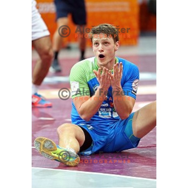 Jure Dolenec of Slovenia in action at Preliminary Group A match Slovenia-Qatar at Qatar 2015 World Handball championships in Lusail Sport Arena, Doha on January 19, 2015