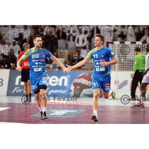 Luka Zvizej of Slovenia in action at Preliminary Group A match Slovenia-Qatar at Qatar 2015 World Handball championships in Lusail Sport Arena, Doha on January 19, 2015