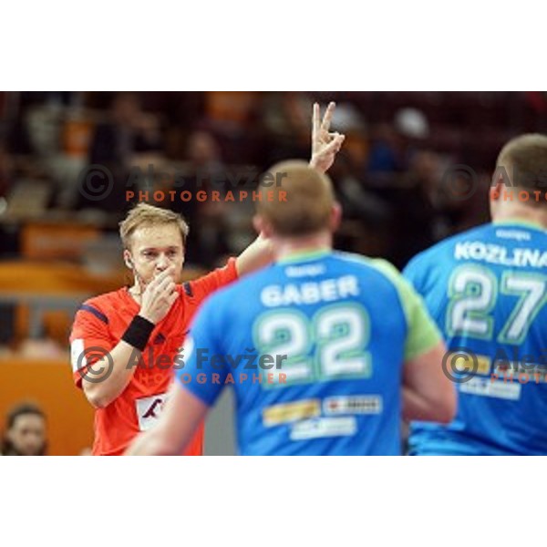 action at Preliminary Group A match Slovenia-Qatar at Qatar 2015 World Handball championships in Lusail Sport Arena, Doha on January 19, 2015