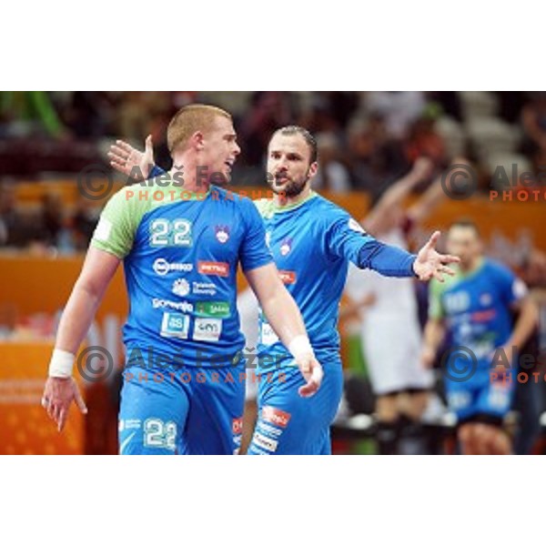 Uros Zorman of Slovenia in action at Preliminary Group A match Slovenia-Qatar at Qatar 2015 World Handball championships in Lusail Sport Arena, Doha on January 19, 2015