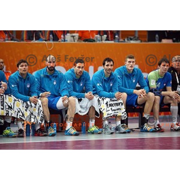 Bezjak, Kavticnik,Natek,Spiler, Blagotinsek, Skube at Preliminary Group A match Slovenia-Qatar at Qatar 2015 World Handball championships in Lusail Sport Arena, Doha on January 19, 2015