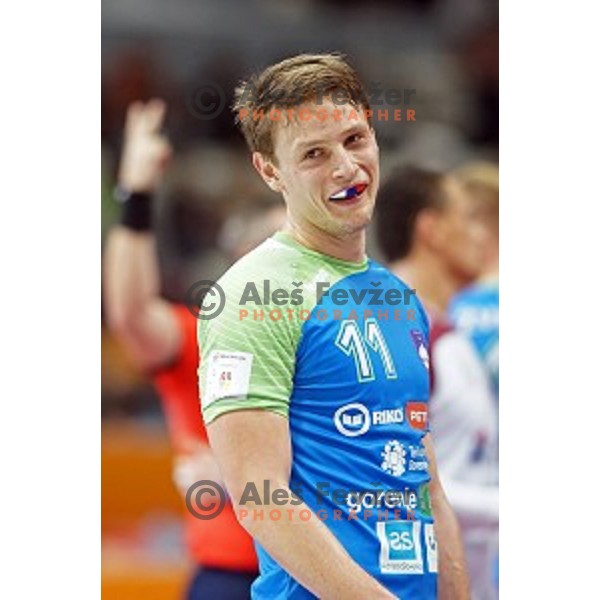 Jure Dolenec of Slovenia in action at Preliminary Group A match Slovenia-Qatar at Qatar 2015 World Handball championships in Lusail Sport Arena, Doha on January 19, 2015