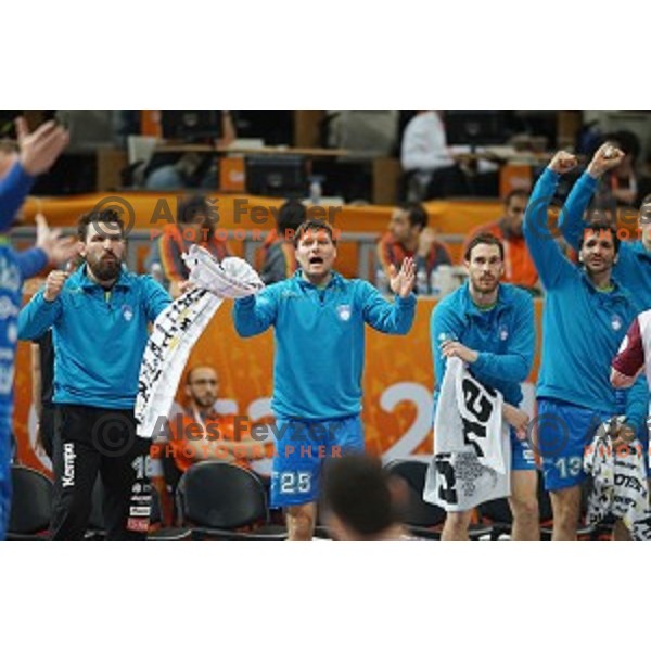 Marko Bezjak of Slovenia in action at Preliminary Group A match Slovenia-Qatar at Qatar 2015 World Handball championships in Lusail Sport Arena, Doha on January 19, 2015