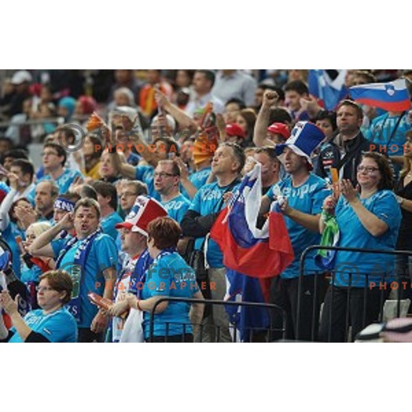 Fans of Slovenia in action at Preliminary Group A match Slovenia-Qatar at Qatar 2015 World Handball championships in Lusail Sport Arena, Doha on January 19, 2015