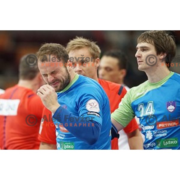 Uros Zorman of Slovenia in action at Preliminary Group A match Slovenia-Qatar at Qatar 2015 World Handball championships in Lusail Sport Arena, Doha on January 19, 2015