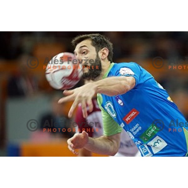 action at Preliminary Group A match Slovenia-Qatar at Qatar 2015 World Handball championships in Lusail Sport Arena, Doha on January 19, 2015