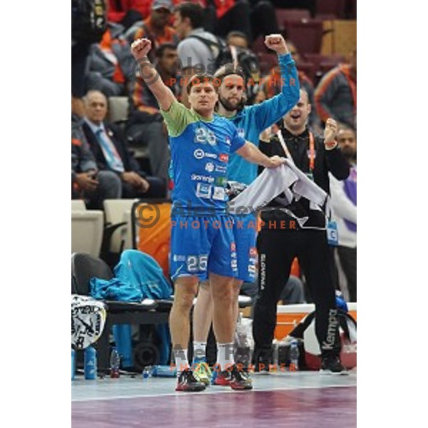 Marko Bezjak of Slovenia in action at Preliminary Group A match Slovenia-Qatar at Qatar 2015 World Handball championships in Lusail Sport Arena, Doha on January 19, 2015