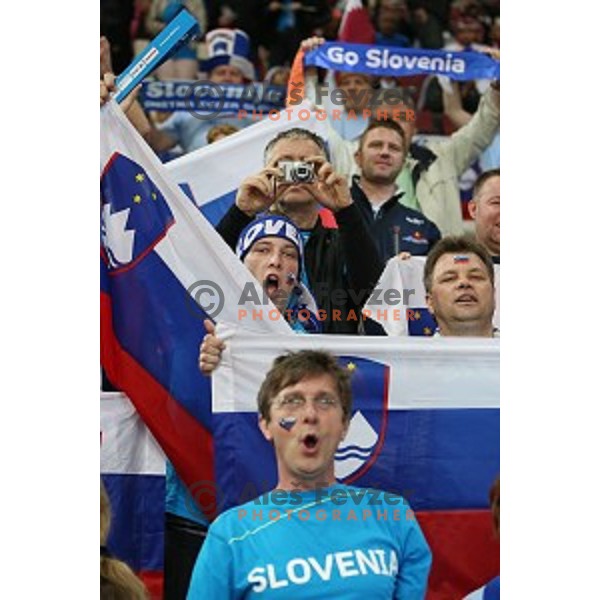 Fans of Slovenia in action at Preliminary Group A match Slovenia-Qatar at Qatar 2015 World Handball championships in Lusail Sport Arena, Doha on January 19, 2015