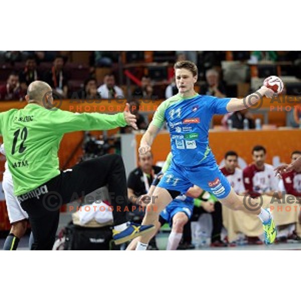 Jure Dolenec of Slovenia in action at Preliminary Group A match Slovenia-Qatar at Qatar 2015 World Handball championships in Lusail Sport Arena, Doha on January 19, 2015