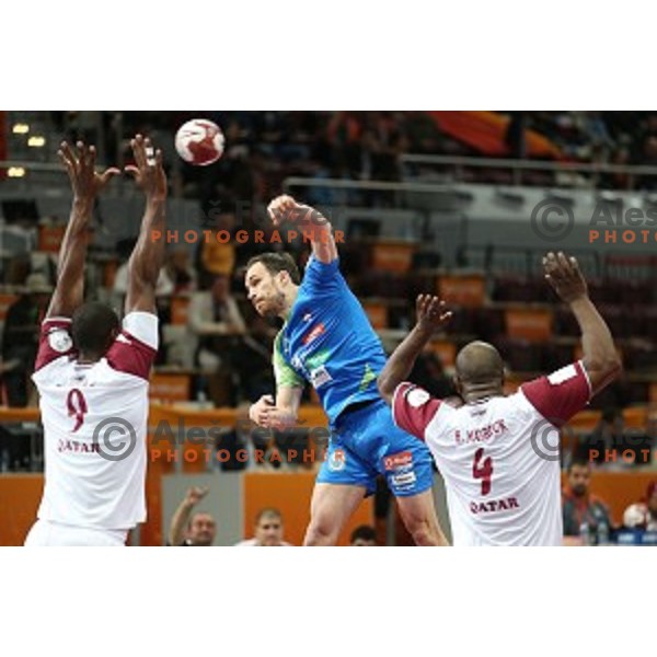 action at Preliminary Group A match Slovenia-Qatar at Qatar 2015 World Handball championships in Lusail Sport Arena, Doha on January 19, 2015