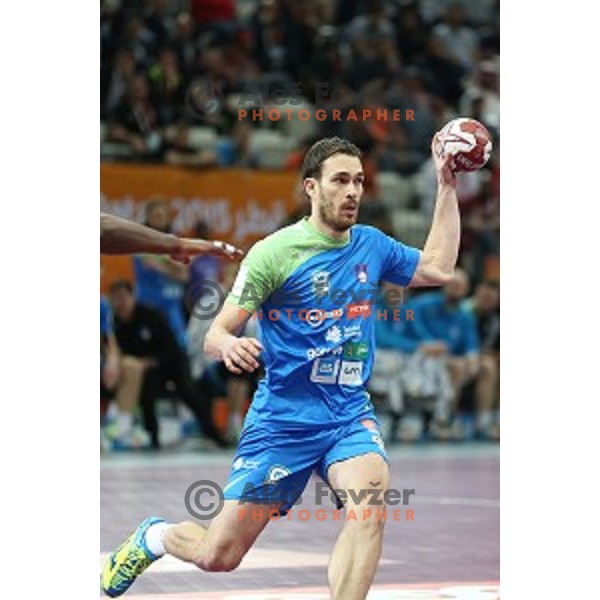 action at Preliminary Group A match Slovenia-Qatar at Qatar 2015 World Handball championships in Lusail Sport Arena, Doha on January 19, 2015