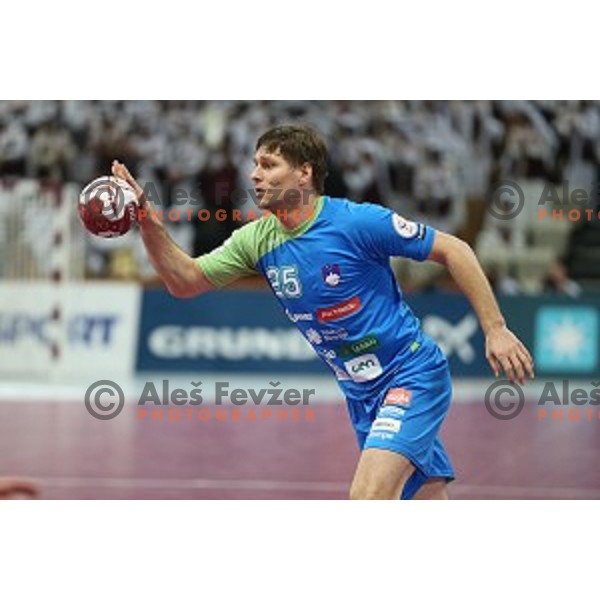 action at Preliminary Group A match Slovenia-Qatar at Qatar 2015 World Handball championships in Lusail Sport Arena, Doha on January 19, 2015